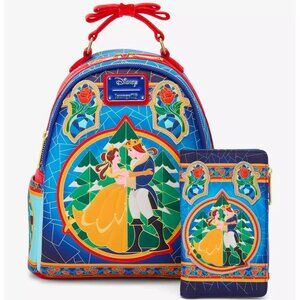 Loungefly Disney Beauty and the Beast Stained Glass Backpack and Wallet Set NWT